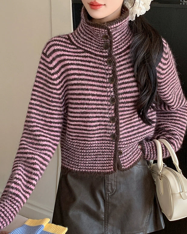 ストライプ ニット カーディガン レディース ハイネック フロントボタン フェミニン 柔らかい 暖かい ショート丈 秋冬 新作 ID2150