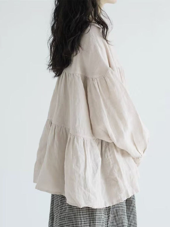 綿麻 長袖 シャツ レディース ゆったり ラウンドネック 無地 シンプル トップス 体型カバー シンプルデザイン おしゃれ カジュアル 通勤 春秋 きれいめ 休闲 コーディネート 人気 大人女子 ID1362