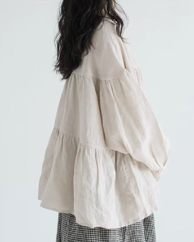 綿麻 長袖 シャツ レディース ゆったり ラウンドネック 無地 シンプル トップス 体型カバー シンプルデザイン おしゃれ カジュアル 通勤 春秋 きれいめ 休闲 コーディネート 人気 大人女子 ID1362