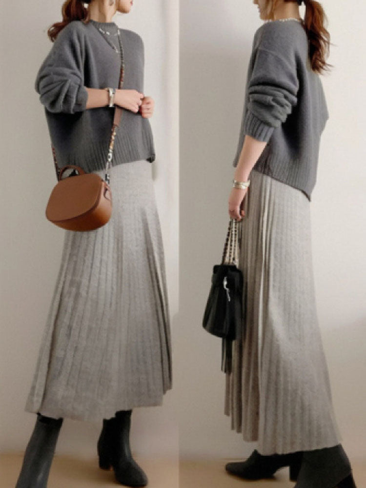 【着回し力抜群】【2点SET】見逃し厳禁 無地 ニット+ロング ギャザー スカート ワンピースセット ID1677