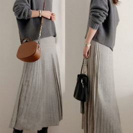 【着回し力抜群】【2点SET】見逃し厳禁 無地 ニット+ロング ギャザー スカート ワンピースセット ID1677