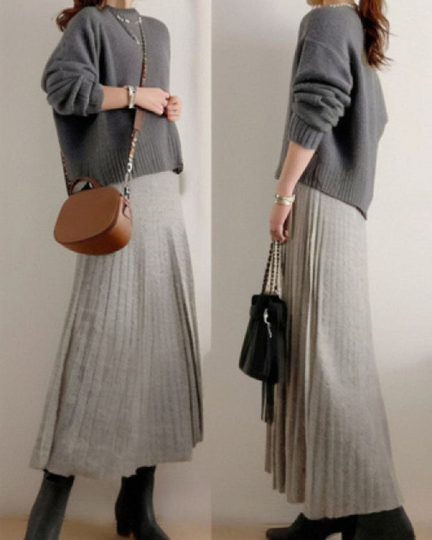 【着回し力抜群】【2点SET】見逃し厳禁 無地 ニット+ロング ギャザー スカート ワンピースセット ID1677