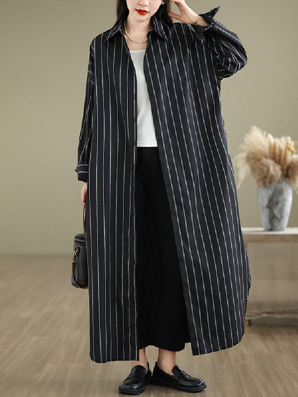 M〜4XL対応 オーバーサイズ ストライプ柄 シャツワンピース レディース 長袖 翻領 体型カバー ゆったり 秋新作 ID1237
