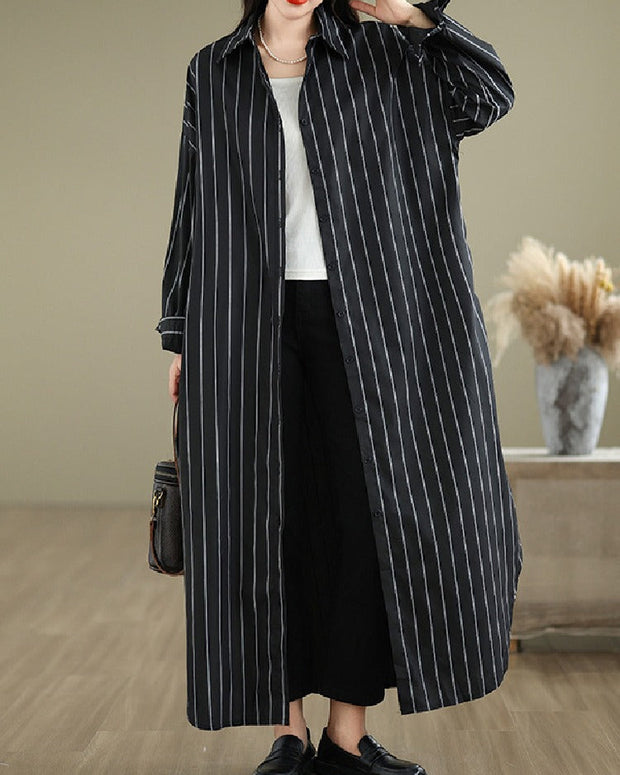 M〜4XL対応 オーバーサイズ ストライプ柄 シャツワンピース レディース 長袖 翻領 体型カバー ゆったり 秋新作 ID1237