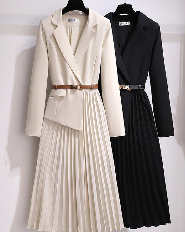Vネック スーツワンピース レディース 長袖 プリーツスカート ベルト付き 上品 エレガント 通勤 入園式 入学式 卒業式 結婚式 フォーマル お呼ばれ 二次会 春秋 ID1437