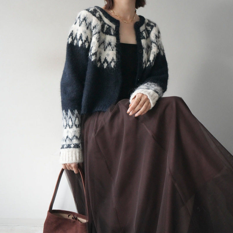 「今だけこの価格」2点セット フェアアイル柄 ニットカーディ チュールロングスカート レディース ふわっと上品 シンプル 大人可愛い 体型カバー 着回し 秋冬新作 ID2246