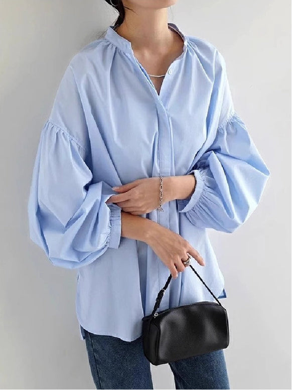 インスタで話題！超人気 ゆったり サイドスリット シャツ 立襟 ランタンスリーブ 無地 きれいめ ドルマン レイヤード ゆったり 大きいサイズ 体型カバー お尻が隠れる ID1232