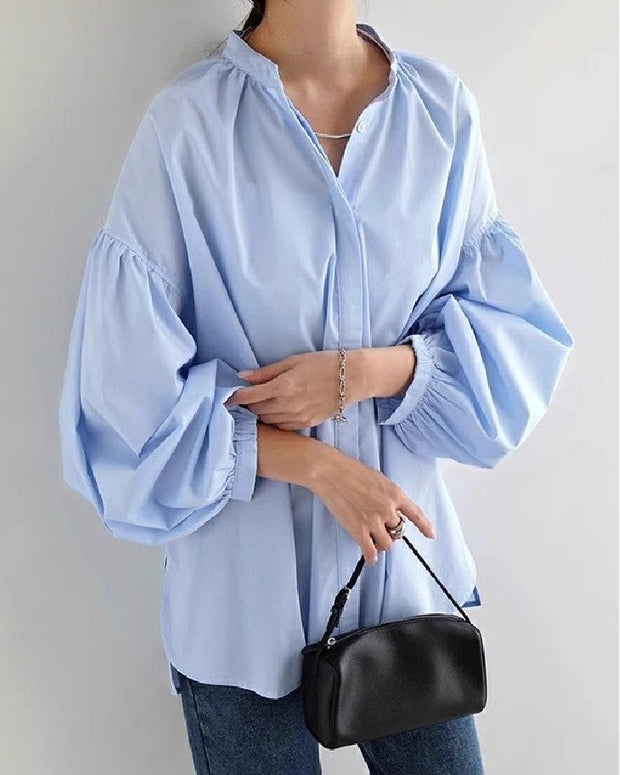 インスタで話題！超人気 ゆったり サイドスリット シャツ 立襟 ランタンスリーブ 無地 きれいめ ドルマン レイヤード ゆったり 大きいサイズ 体型カバー お尻が隠れる ID1232