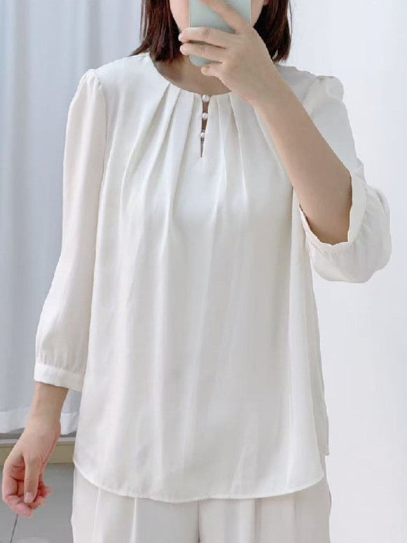 パールボタン ブラウス レディース 七分袖 シフォン シャツ 通勤 オフィスカジュアル スーツインナー 面接 フォーマル 入学式 卒業式 参観日 食事会 春秋 トップス ID1622