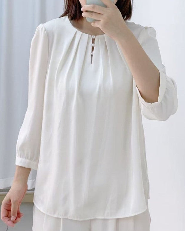 パールボタン ブラウス レディース 七分袖 シフォン シャツ 通勤 オフィスカジュアル スーツインナー 面接 フォーマル 入学式 卒業式 参観日 食事会 春秋 トップス ID1622