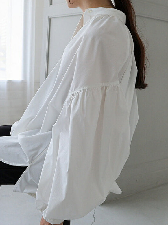 4色展開 スタンドカラー シャツ レディース 長袖 ブラウス ボリューム袖 シャツブラウス ゆったり 体型カバー カジュアル フェミニン 通勤 オフィス おしゃれ 韓国風 デートコーデ 学生 春秋 トップス シンプル 上品 きれいめ ID1674