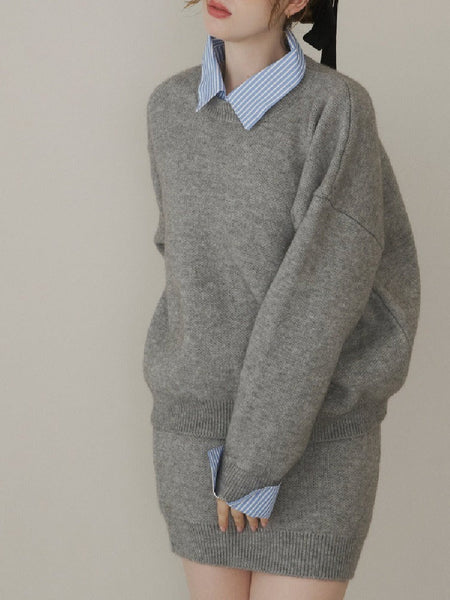 レディース ストライプ 拼接 厚手 ニット トップス ショート スカート 2点セット セットアップ おしゃれ 秋冬 快適 トレンド カジュアル デイリー 上品 大人 女性 コーディネート 機能性  ID2004