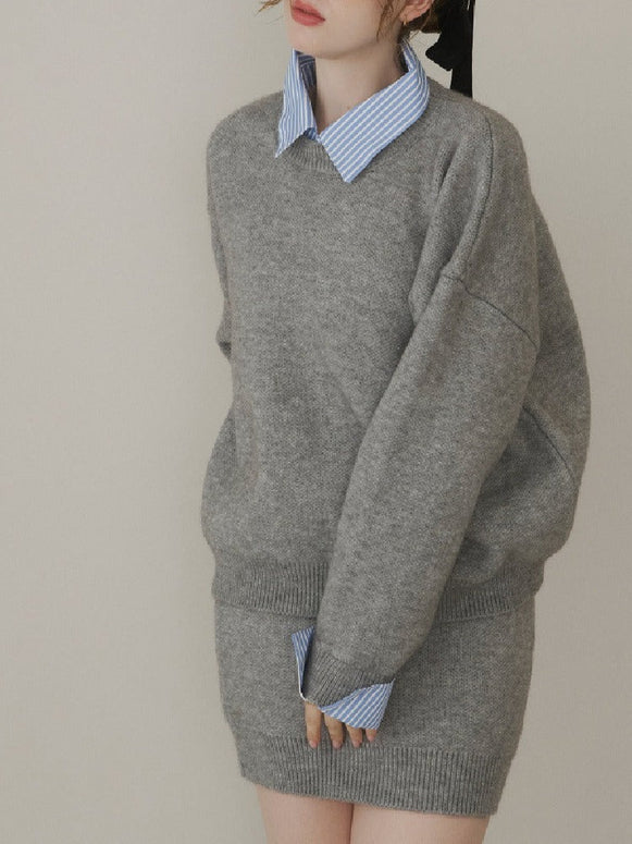 レディース ストライプ 拼接 厚手 ニット トップス ショート スカート 2点セット セットアップ おしゃれ 秋冬 快適 トレンド カジュアル デイリー 上品 大人 女性 コーディネート 機能性  ID2004