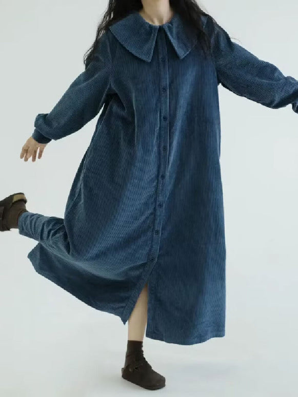 コーデュロイ ワンピース レディース ロングシャツワンピース 長袖 ビッグカラー ゆったり 体型カバー 秋冬 カジュアル ナチュラル 可愛い 通勤 デート ママコーデ ID1723