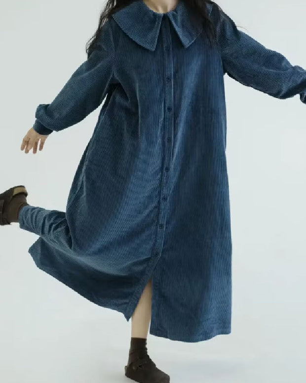 コーデュロイ ワンピース レディース ロングシャツワンピース 長袖 ビッグカラー ゆったり 体型カバー 秋冬 カジュアル ナチュラル 可愛い 通勤 デート ママコーデ ID1723