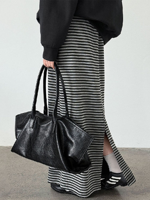 ストライプ柄 スリット ロングスカート レディース ゆったり 体型カバー カジュアル シンプル デイリーコーデに最適 秋冬 ボトムス おしゃれ 大人女子 楽ちん 伸縮素材 マキシスカート ベーシックデザイン ID2321