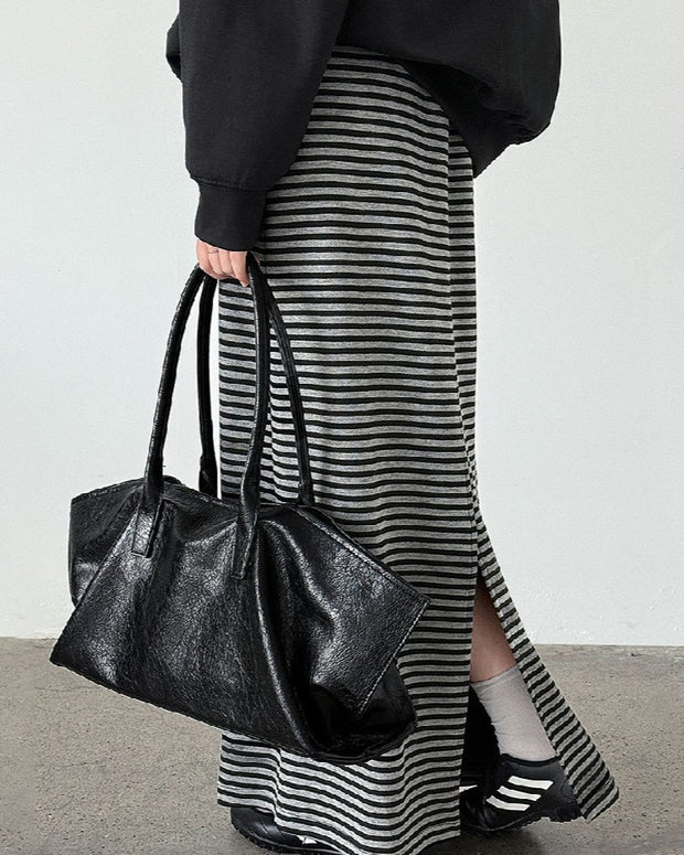 ストライプ柄 スリット ロングスカート レディース ゆったり 体型カバー カジュアル シンプル デイリーコーデに最適 秋冬 ボトムス おしゃれ 大人女子 楽ちん 伸縮素材 マキシスカート ベーシックデザイン ID2321