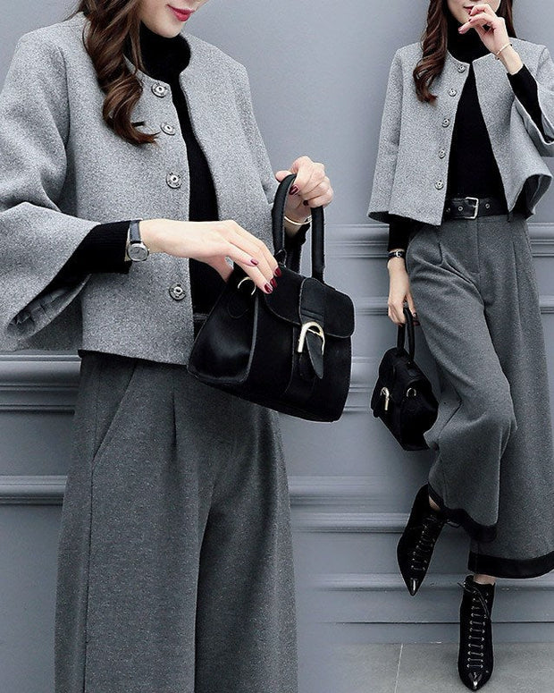 秋冬セットアップ レディース ジャケット＋ワイドパンツ 2点セット 毛混 通勤 OL きれいめ フォーマル 大人 上品 体型カバー 入園式 卒業式 セレモニー ID1713