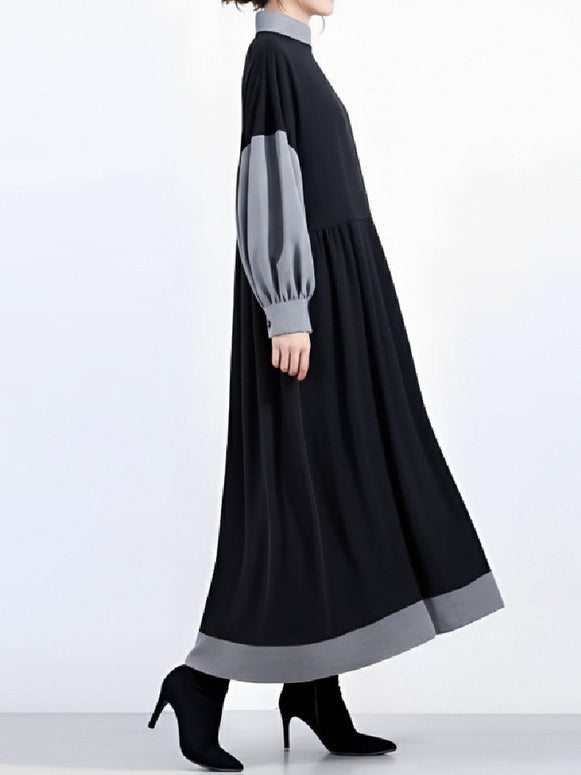 異素材切り替え ワンピース レディース ロング丈 Aライン ハイネック 長袖 きれいめ 上品 エレガント 体型カバー 大人可愛い 通勤 デート 秋冬 新作 ID1983