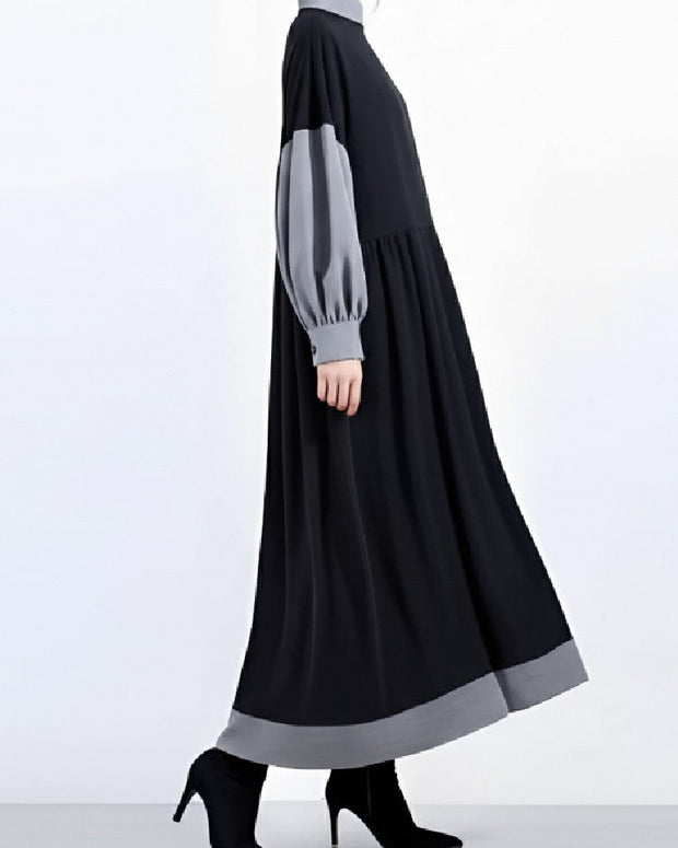 異素材切り替え ワンピース レディース ロング丈 Aライン ハイネック 長袖 きれいめ 上品 エレガント 体型カバー 大人可愛い 通勤 デート 秋冬 新作 ID1983