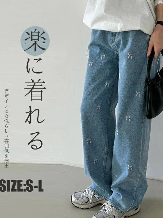 デニムパンツ ストレートパンツ レディース ロングパンツ 長ズボン デニム ボトムス パンツ ロング丈 ガウチョパンツ 刺繍 ワイドパンツ ストレート ハイウエスト 体型カバー 着痩せ 落ち感 カジュアル 可愛い ポケット付き 無地 お洒落 大人 20代 30代 40代 50代 ID1223