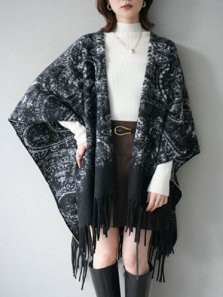 3WAY フリンジ付き ニット ポンチョ レディース ショール ストール 大判 羽織り おしゃれ 体型カバー 秋冬 新作 ID2075