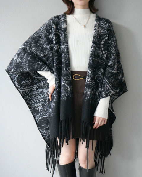3WAY フリンジ付き ニット ポンチョ レディース ショール ストール 大判 羽織り おしゃれ 体型カバー 秋冬 新作 ID2075