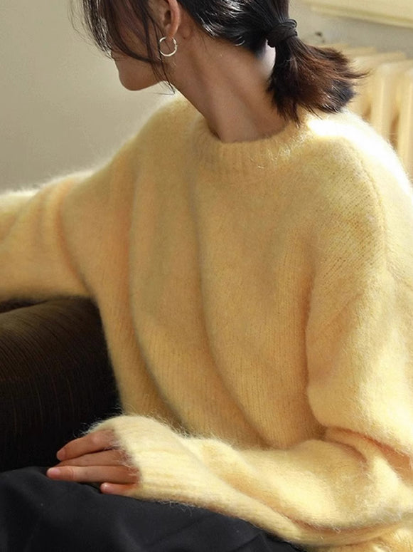 ふわふわ ニット レディース クルーネック 長袖 ゆったり 柔らかい 暖かい シンプル カジュアル 大人可愛い 秋冬 新作 ID2108