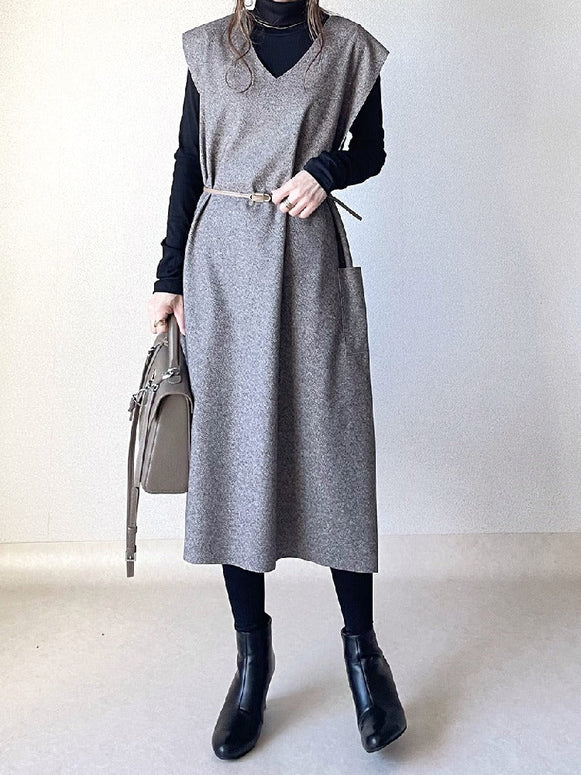 【2点セット】Vネック 無地 ノースリーブ ワンピース+ハイネック セーター レディース  レイヤード ポケット付き エレガント 大人 カジュアル ID1643