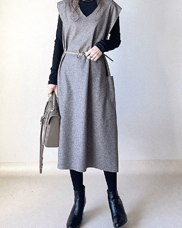 【2点セット】Vネック 無地 ノースリーブ ワンピース+ハイネック セーター レディース  レイヤード ポケット付き エレガント 大人 カジュアル ID1643