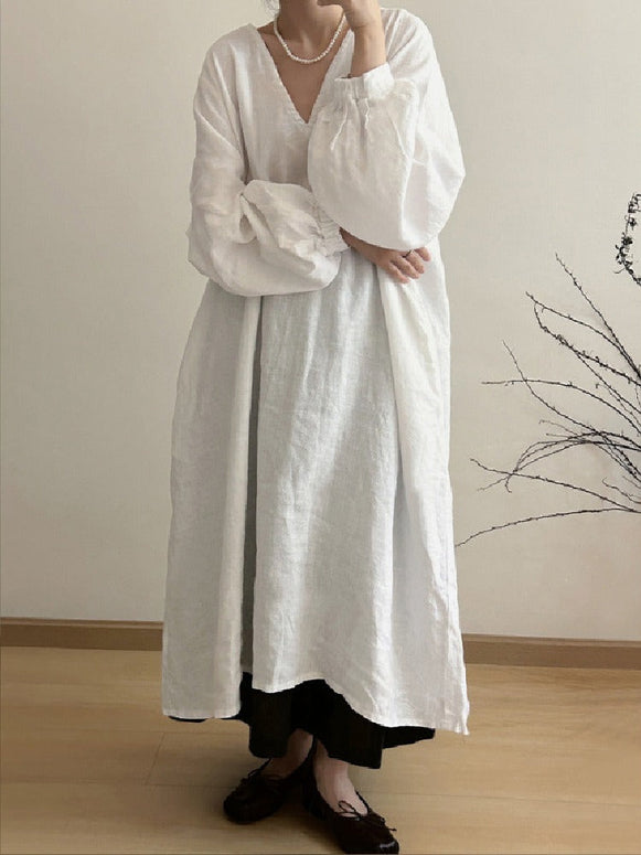 ボヘミアン風 リラックス 合わせやすい ワンピース 綿麻素材 深Vネック 広袖デザイン マキシワンピース ノスタルジック ゆったり シルエット 大人 カジュアル ID1212
