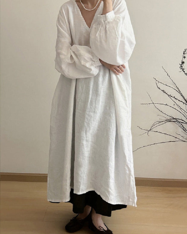 ボヘミアン風 リラックス 合わせやすい ワンピース 綿麻素材 深Vネック 広袖デザイン マキシワンピース ノスタルジック ゆったり シルエット 大人 カジュアル ID1212