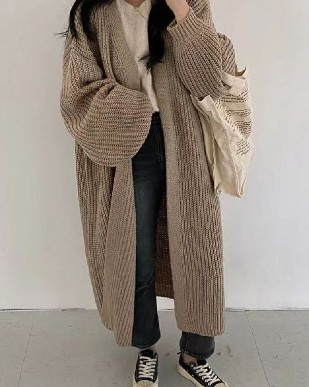 ロングカーディガン レディース ニット 羽織り 長袖 ランタンスリーブ ゆったり シンプル 体型カバー 秋冬 カジュアル コーデ ID1800