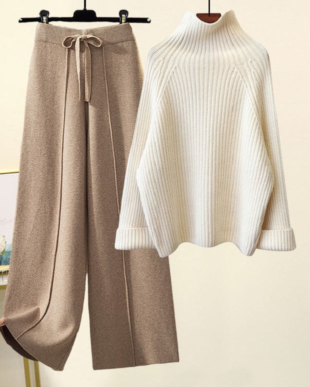 「タイムセール中！」2点セット ハイネック ニット + ワイドパンツ レディース セットアップ 体型カバー ゆったり シンプル 上品 大人カジュアル デイリー 通勤 秋冬コーデ 楽ちん おしゃれ 防寒 トレンド ID2218