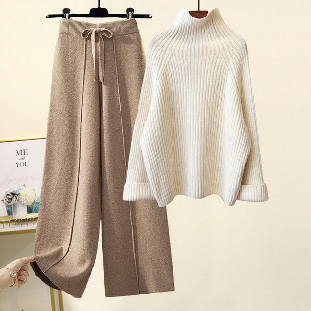 「タイムセール中！」2点セット ハイネック ニット + ワイドパンツ レディース セットアップ 体型カバー ゆったり シンプル 上品 大人カジュアル デイリー 通勤 秋冬コーデ 楽ちん おしゃれ 防寒 トレンド ID2218