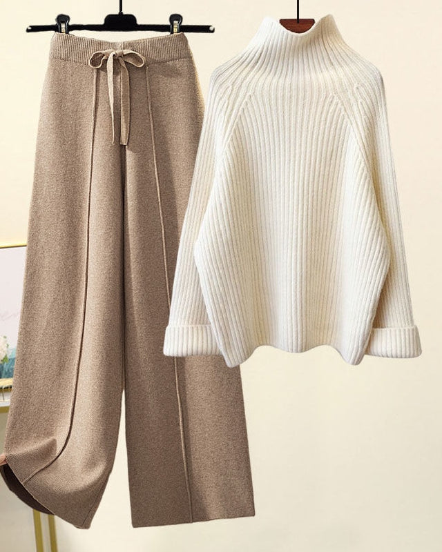 「タイムセール中！」2点セット ハイネック ニット + ワイドパンツ レディース セットアップ 体型カバー ゆったり シンプル 上品 大人カジュアル デイリー 通勤 秋冬コーデ 楽ちん おしゃれ 防寒 トレンド ID2218