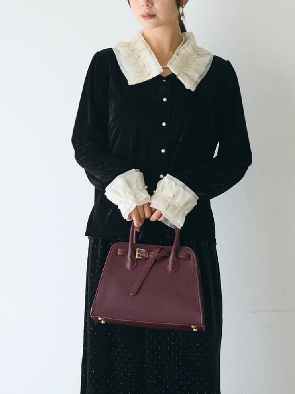 ベロア ブラウス レディース パールボタン フリル襟 長袖 上品 エレガント フェミニン おしゃれ トップス 秋冬新作 通勤 デートコーデ ID1841