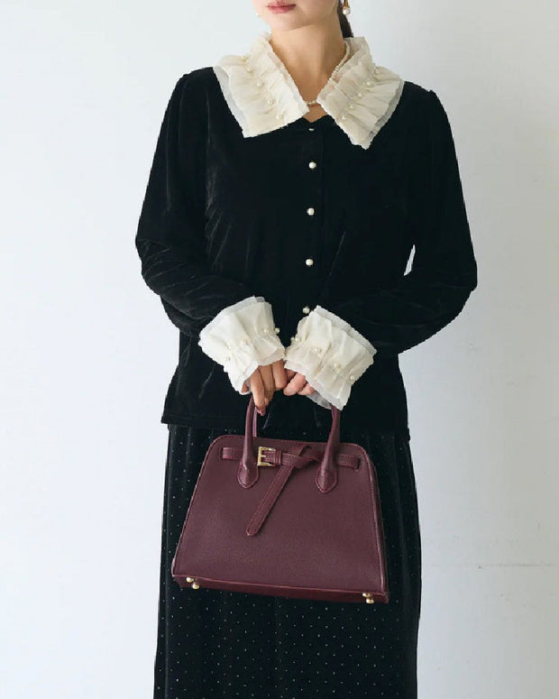 ベロア ブラウス レディース パールボタン フリル襟 長袖 上品 エレガント フェミニン おしゃれ トップス 秋冬新作 通勤 デートコーデ ID1841