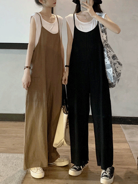 【403】2点セット ノースリーブTシャツ＋サロペットパンツ レディース 夏 ゆったり ワイドパンツ オールインワン 体型カバー カジュアル