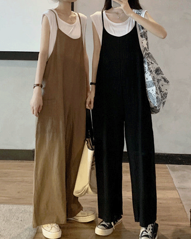 【403】2点セット ノースリーブTシャツ＋サロペットパンツ レディース 夏 ゆったり ワイドパンツ オールインワン 体型カバー カジュアル