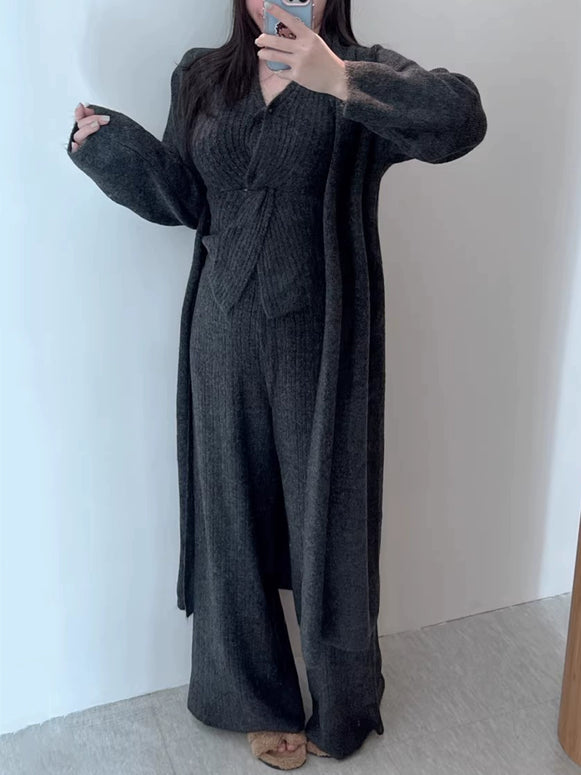 3点セット ニットカーディガン+ベスト+ワイドニットパンツ きれいめ 大人カジュアル 秋冬 セットアップ レディース ID2204