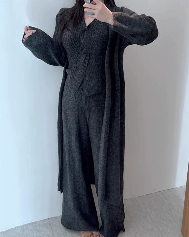 3点セット ニットカーディガン+ベスト+ワイドニットパンツ きれいめ 大人カジュアル 秋冬 セットアップ レディース ID2204