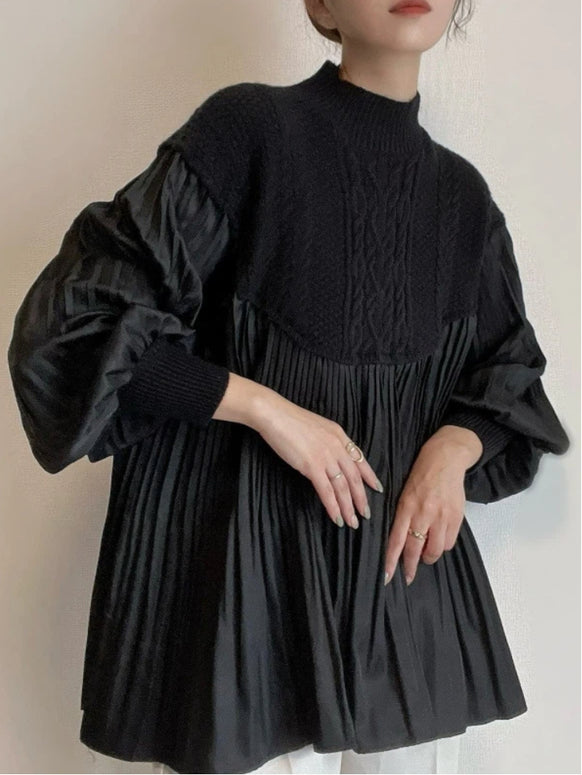 「超得！ブラックフライデー」異素材切り替え ニット レディース プリーツ デザイン トップス 長袖 立ち襟 ゆったり シルエット 上品 体型カバー 秋冬 新作 ID2141
