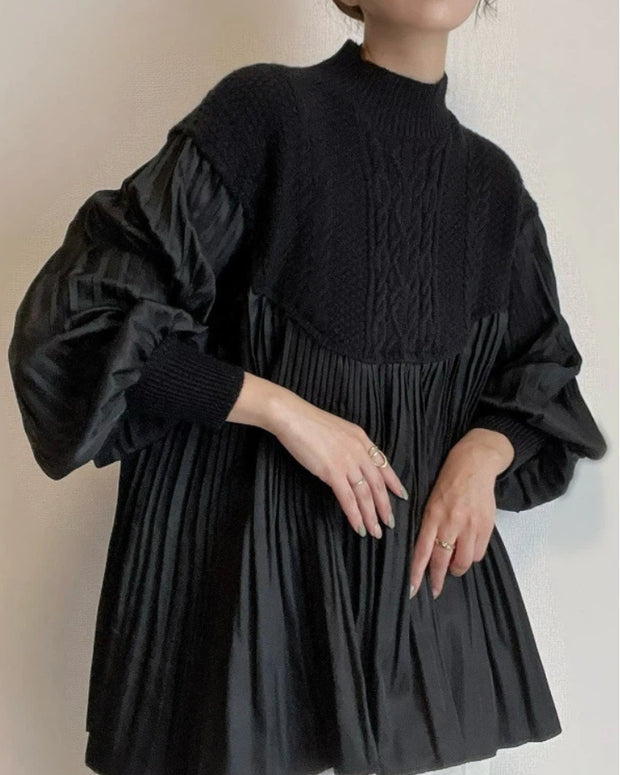 「超得！ブラックフライデー」異素材切り替え ニット レディース プリーツ デザイン トップス 長袖 立ち襟 ゆったり シルエット 上品 体型カバー 秋冬 新作 ID2141