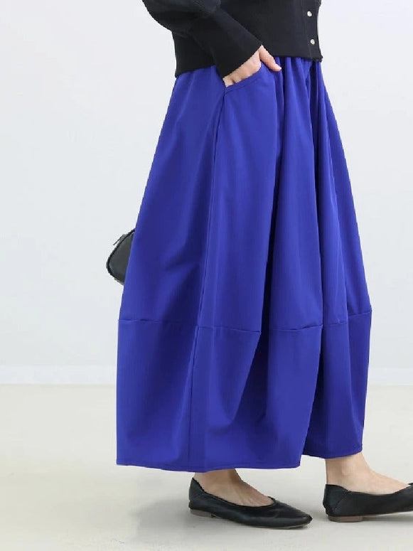 ウエストゴム バルーンスカート 花苞シルエット フレアスカート レディース 春 夏 秋 体型カバー ミモレ丈 ロングスカート 通勤 カジュアル 大人可愛い ID1289