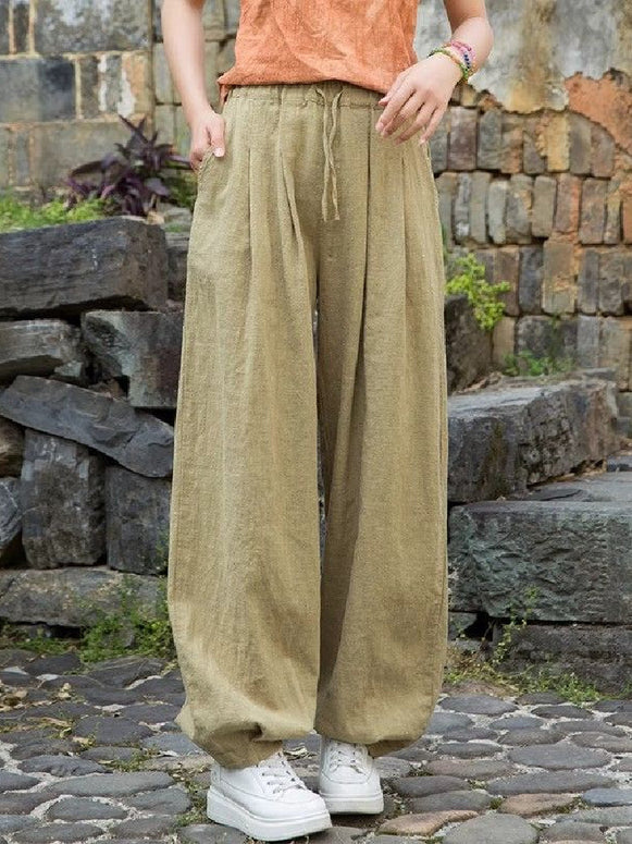 綿麻 パンツ レディース ワイドパンツ 長ズボン ゆったり ウエストゴム 調整可能 ポケット付き カジュアル 体型カバー 涼しい リラックスパンツ ルームウェア 外出 旅行 散歩 3色展開 ID1466