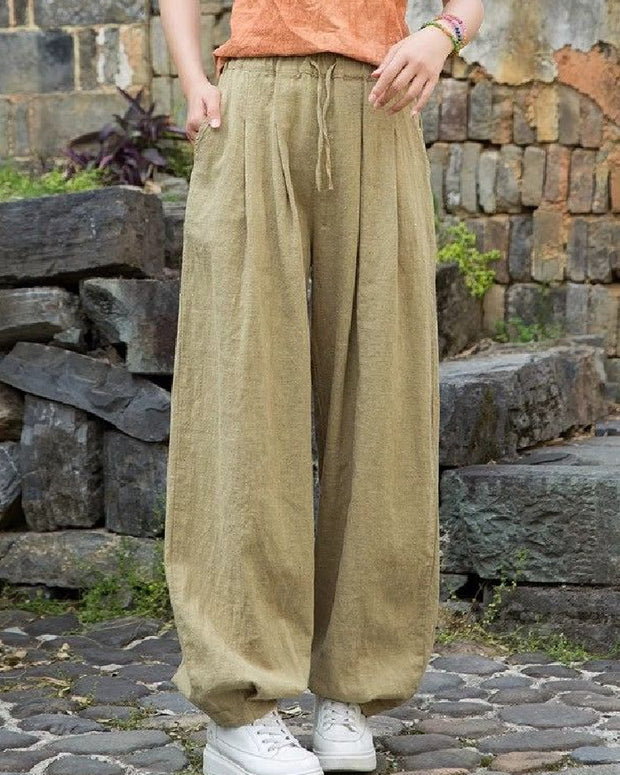 綿麻 パンツ レディース ワイドパンツ 長ズボン ゆったり ウエストゴム 調整可能 ポケット付き カジュアル 体型カバー 涼しい リラックスパンツ ルームウェア 外出 旅行 散歩 3色展開 ID1466