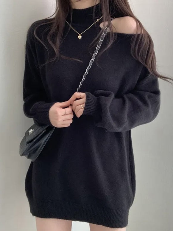 大人可愛い 片側オープンショルダー ニットワンピース ゆったり シンプル きれいめ 体型カバー レディース 秋冬 トップス ニット ID2272