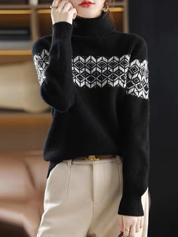 ジャガード柄 ニット レディース タートルネック セーター 長袖 シンプル 上品 きれいめ 暖かい 体型カバー 通勤 通学 カジュアル 秋冬 新作 ID1984