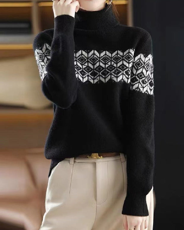 ジャガード柄 ニット レディース タートルネック セーター 長袖 シンプル 上品 きれいめ 暖かい 体型カバー 通勤 通学 カジュアル 秋冬 新作 ID1984